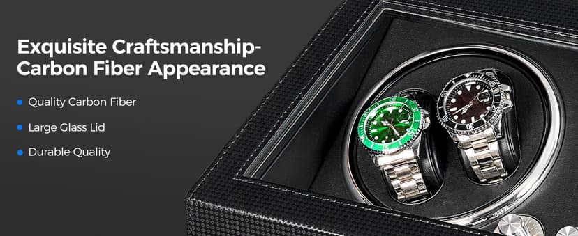 ANWBROAD ANWBROAD Watch Winder for Automatic Watches 4 Watch Rotator and 6 Extra Storages with Super Quiet Motor and LED Backlight Turner Carbon Fiber Shaker 5 Rotating Modes USB UJWW002F