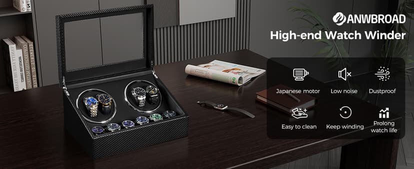ANWBROAD ANWBROAD Watch Winders for Automatic Watches, Automatic Watch Winder with 4 Watch Rotator and 6 Extra Storages, 4 Watch Winder with Japanese Quiet Motor, Carbon Fiber Watch Winder,UJWW012C