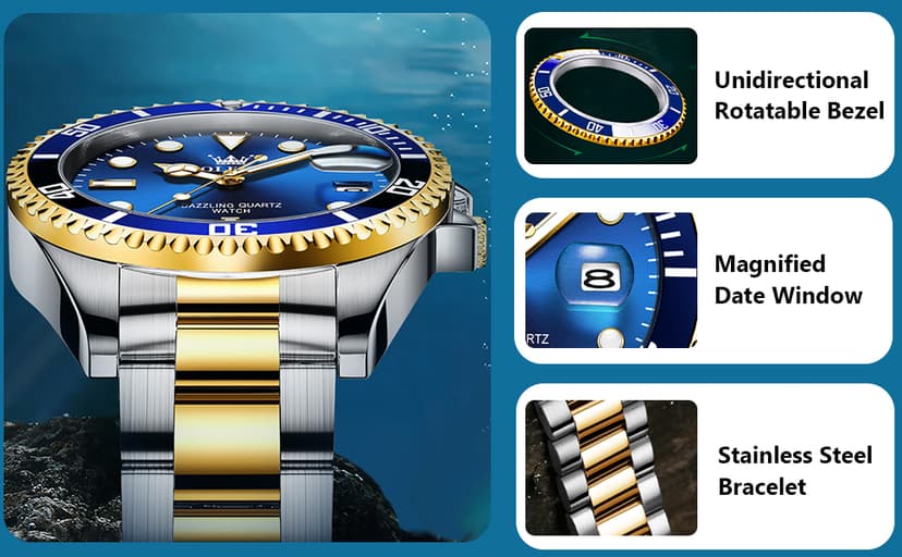 OLEVS Men's Stainless Steel Watch, Big Face Easy to Read Analog Quartz Dress Watches, Classic Rotating Bezel Waterproof Luminous Hands Date Mens Wristwatch