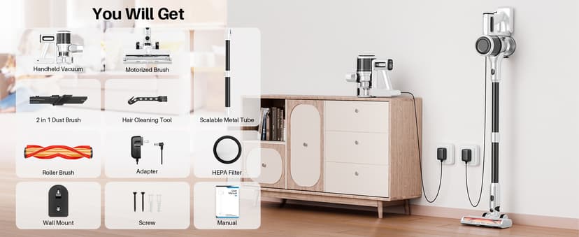 BSNAW Cordless Vacuum Cleaner for Home - Lightweight, Stick Vacuum Clean with Rechargeable Battery, Max 45Mins Runtime, 8 in 1 Handheld Vacuum for Hardfloor & Carpets Pet Hair, White&Yellow