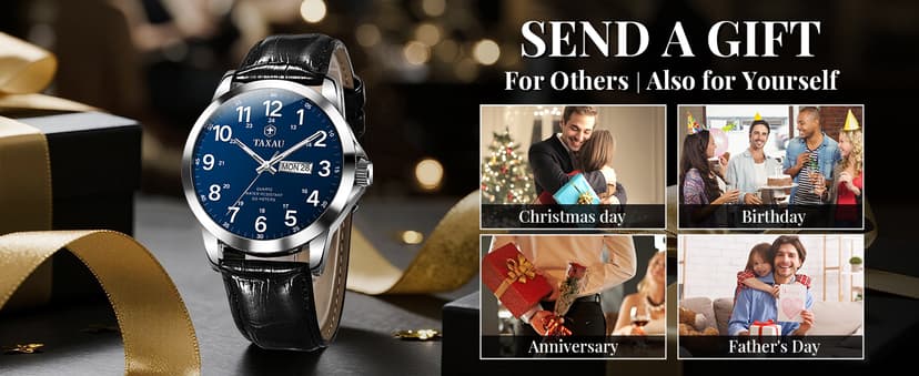 Taxau Men's Watches Leather Band Stainless Steel Quartz Analog Watch Luxury Waterproof Watches for Men Dress Men's Wrist Watch with Day Date Arabic Numeral Relojes para Hombre