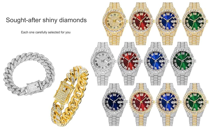 HUNRUY Hip Hop Watches for Men Iced-Out Bling Diamond Luxury Quartz Watches with Date