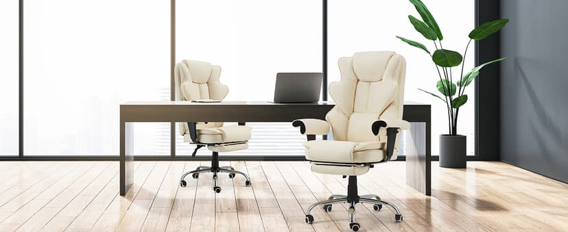 HOMREST 6-Point Massage Executive Chair,Heat Office Chair,Ergonomic Home Office Desk Chairs with Retractable Footrest and Reclining Function,Leather Computer Chair with Adjustable Armrest(Off White)