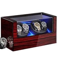 ANWBROAD ANWBROAD Watch Winder for Automatic Watches 4 Watch Rotator and 6 Extra Storages with Super Quiet Motor and LED Backlight Turner Carbon Fiber Shaker 5 Rotating Modes USB UJWW002F