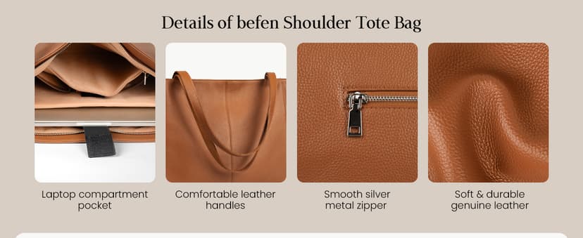 befen Genuine Leather Tote Bag for Women Work, Women's Leather Shoulder Bags Purses Satchel Handbags with Laptop Compartment