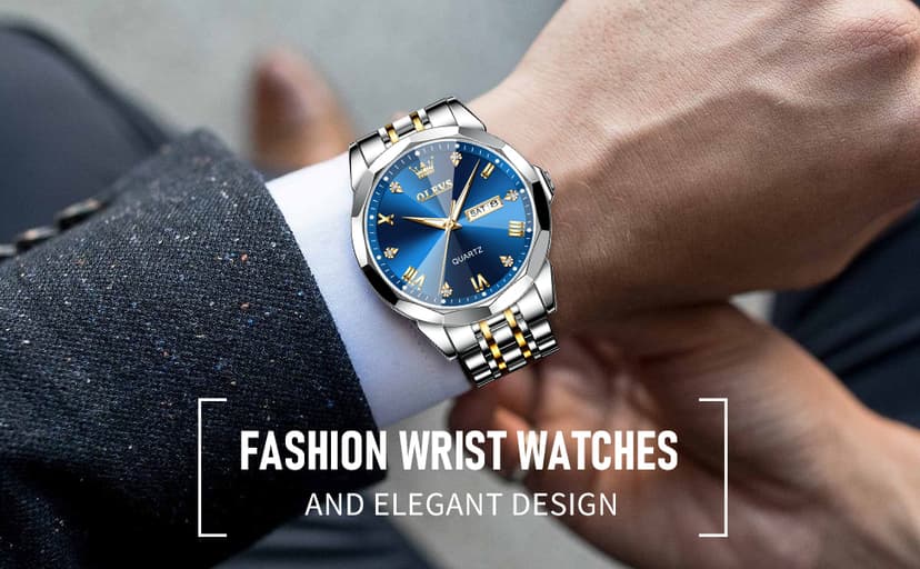 OLEVS Watch for Men Diamond Business Dress Analog Quartz Stainless Steel Waterproof Luminous Date Two Tone Luxury Casual Wrist Watch Blue