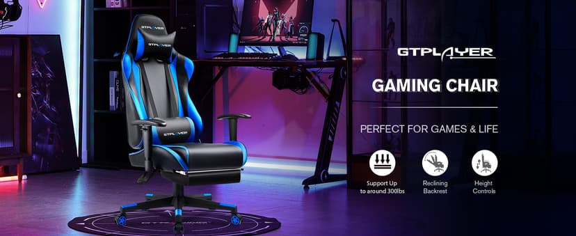 GTPLAYER Gaming Chair with Footrest, Ergonomic Computer Game Desk Chair, Reclining Game Chair Seat Height Adjustment, Swivel Rocker with Headrest and Lumbar (Blue)