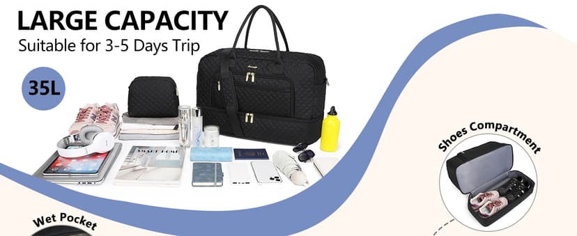 LUOCIP Large Women Travel Duffle Bag, Carry on Bag with Wet Toiletry Pocket for Overnight, Weekend, Yoga, Gym, Business Trips, Sport and Hospital, Black