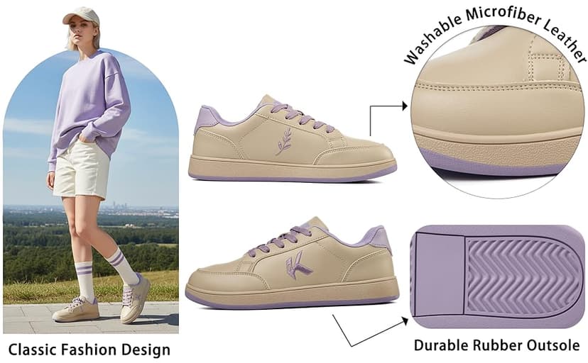 OKVOOT Women's Classic Fashion Sneakers Versatile Casual Walking Shoes Leather Comfort Skate Shoes Lightweight Non-Slip Flat Shoe Lace-up Minimalist Tennis Footwear