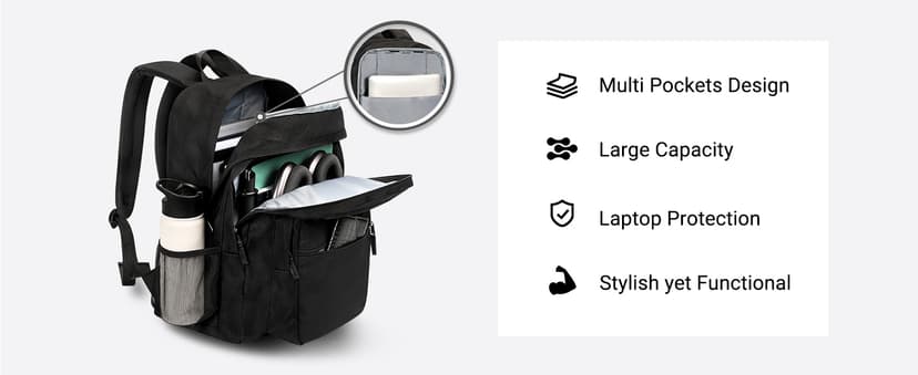 ZORFIN 26L Black Backpack for College, and Travel: Water Resistant Bookbag