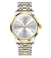 Taxau Men's Watches Leather Band Stainless Steel Quartz Analog Watch Luxury Waterproof Watches for Men Dress Men's Wrist Watch with Day Date Arabic Numeral Relojes para Hombre