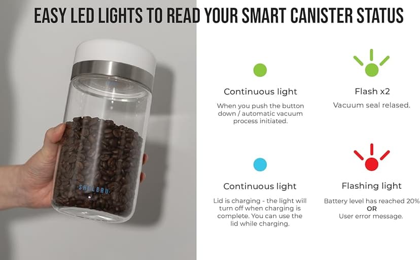 SHELBRU Smart Coffee Container & Food Storage w/Electric Vacuum Seal, Airtight Coffee Canister for Whole & Ground Bean Storage, Durable Borosilicate Glass Jar, Charging Cable Included, 10.5oz / 250g
