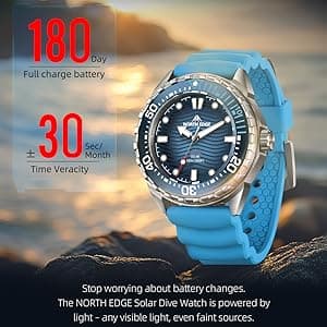NORTH EDGE Solar Powered Dive Watch Women Men’s Watch, 1000FT/300M Water Resistance, Luminous Dial, Silicone Strap