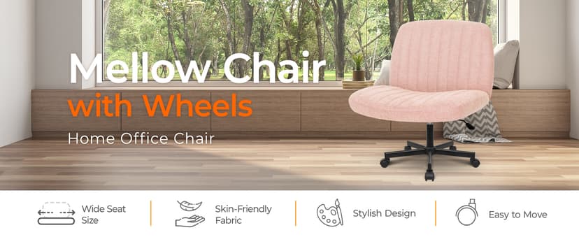 Orange Factory Criss Cross Chair Wheels Wide Cross Legged Office Desk Vanity Chair Comfy Fabric Armless Adjustable Swivel for Home Computer Task (Pink)