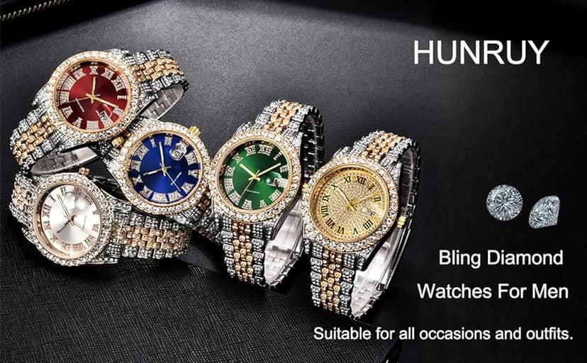 HUNRUY Hip Hop Watches for Men Iced-Out Bling Diamond Luxury Quartz Watches with Date