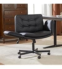 amseatec Criss Cross Chair with Armrests & Wheels for Cross-Legged Sitting, Comfortable Adjustable Swivel Office Desk Chair –PU Leather Vanity Chair for Home, Makeup and Bedroom (Cream)