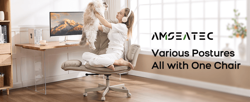 amseatec Criss Cross Chair with Armrests & Wheels for Cross-Legged Sitting, Comfortable Adjustable Swivel Office Desk Chair –PU Leather Vanity Chair for Home, Makeup and Bedroom (Cream)