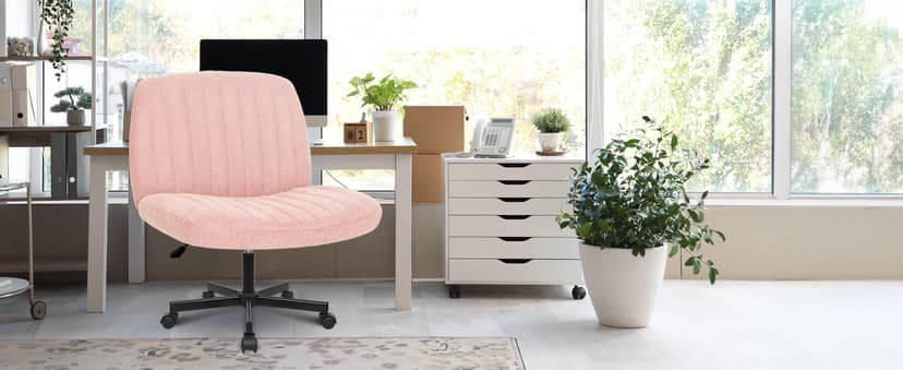 Orange Factory Criss Cross Chair Wheels Wide Cross Legged Office Desk Vanity Chair Comfy Fabric Armless Adjustable Swivel for Home Computer Task (Pink)