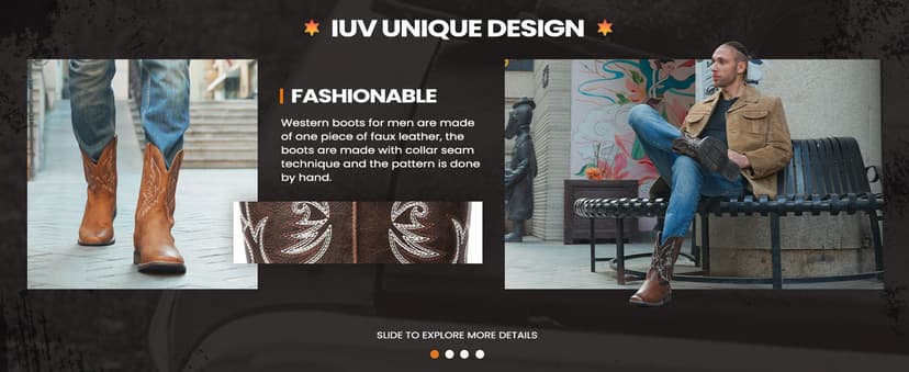 IUV Cowboy Boots For Men Square Toe Western Boot Durable Retro Classic Embroidered Pull On Boot Slip Resistant Country Boots