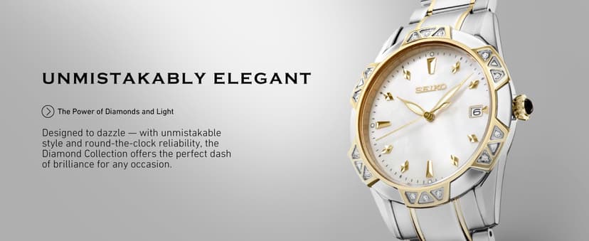 SEIKO Watch for Women - Diamond Collection - with 18 Diamond Accents, Solar Power, Mother-of-Pearl Dial, Two-Tone Rose Gold Stainless Steel Case & Bracelet, and Water-Resistant to 50m