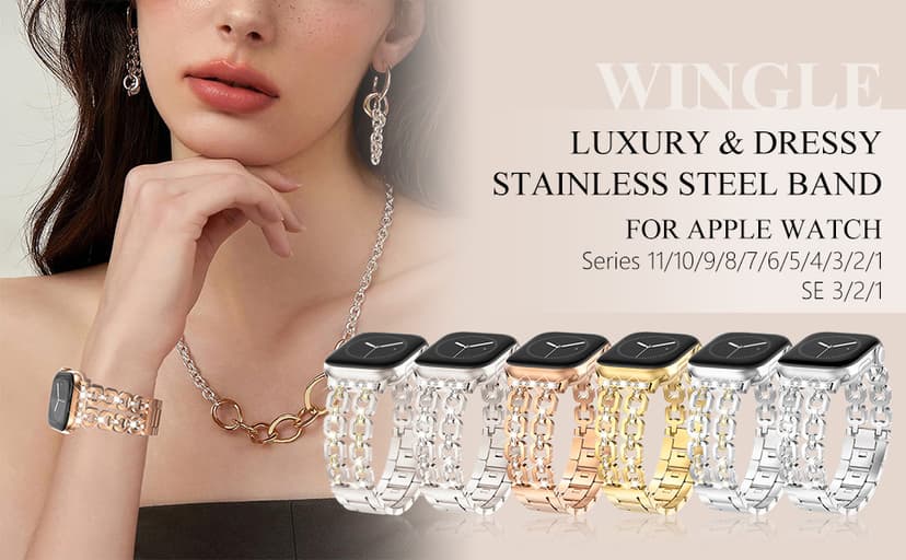WINGLE for Apple Watch Band 42/46/38/40/41/44/45/49mm Women Designer Dressy Bands Fancy Chain Bracelet Stainless Steel Elegant Jewelry Metal Strap for iWatch Series 11 10 9 8 7 6 5 4 SE/Ultra 3 2 1