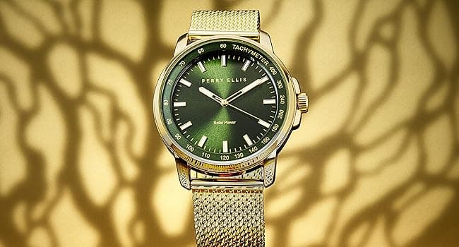 Perry Ellis Solar Powered Mens Watch | Steel Mesh Band | Water-Resistant Analog Wrist Watches for Men | 43mm Case | Aluminum Tachymeter Bezel | Elegant Gift for Man