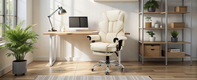 HOMREST 6-Point Massage Executive Chair,Heat Office Chair,Ergonomic Home Office Desk Chairs with Retractable Footrest and Reclining Function,Leather Computer Chair with Adjustable Armrest(Off White)