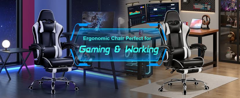 VECELO Ergonomic Gaming Chair with Footrest, Comfy Recliner Computer Chair, Swivel Seat, Height Adjustable, High Back PU Leather, Lumbar Support, Headrest for Adults, Black