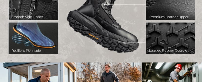 NORTIV 8 Men's 8" Composite Toe Work Boots, Lightweight Side Zipper ASTM F2412-24 & ASTM F2913-24 Safety Military Boots for All-Day Comfort, Peakforce-Nano