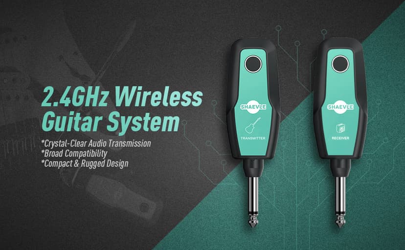 Wireless Guitar System 2.4GHz, Audio Wireless Transmitter Receiver with Rechargeable Battery, 30M/100ft Transmission Range, Auto Frequency Locking, for Guitar Bass Electric Instruments