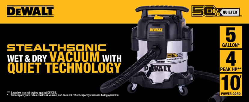 DEWALT 5 Gallon STEALTHSONIC Shop Vacuum Wet and Dry, Powerful Suction & Portable Shop Vac with Attachments, Ultra Quiet Wet Dry Vacuum for Home, Garage, Car, Workshop, Jobsite, DXV05S-QT, 4 Peak HP