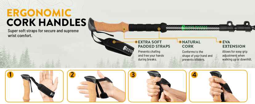 100% Carbon Fiber Trekking Poles by USA Brand - Ultra Strong Lightweight Collapsible Hiking Poles with Cork and EVA Foam Grips & Quick Adjustable Flip Locks