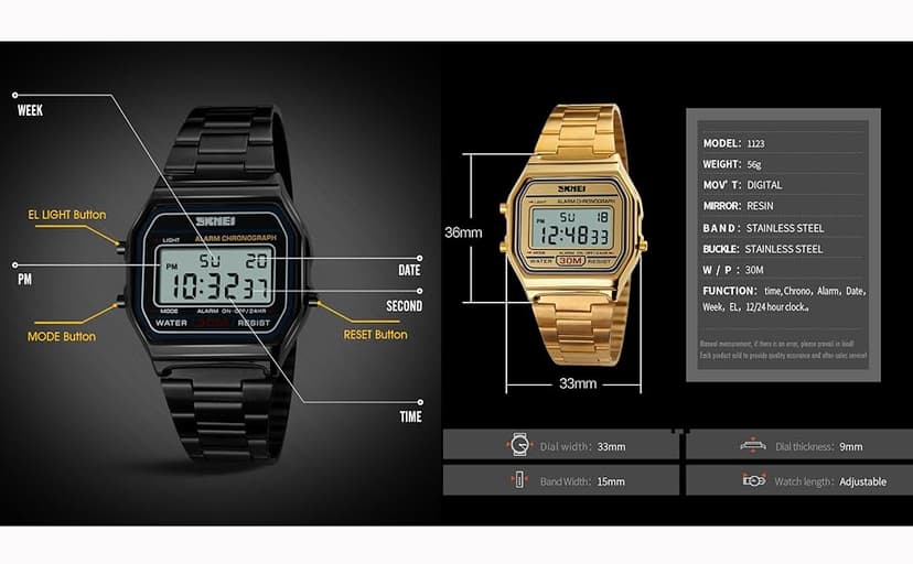 PASOY Men's Digital Gold Stainless Steel Watch Backlit Multifunction Stopwatch Waterproof Sport Watches