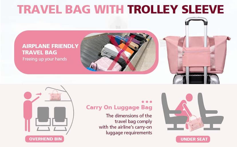 TOPBAG Travel Duffle Bag, Waterproof Weekender Carry On Tote Bags for Women, Sport Gym Bag for Men, Hospital Bag for Labor and Delivery, Overnight Luggage Bag with Trolley Sleeve Coral Pink