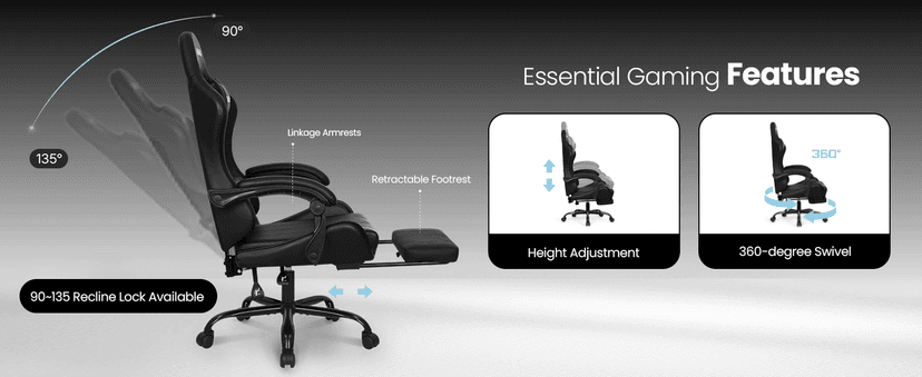 N-GEN GAMING Video Gaming Chair with Footrest Lumbar Support for Home Office High Back Recliner Height Adjustable Ergonomic Comfy Leather Computer Desk Chair (Black)