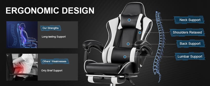 VECELO Ergonomic Gaming Chair with Footrest, Comfy Recliner Computer Chair, Swivel Seat, Height Adjustable, High Back PU Leather, Lumbar Support, Headrest for Adults, Black