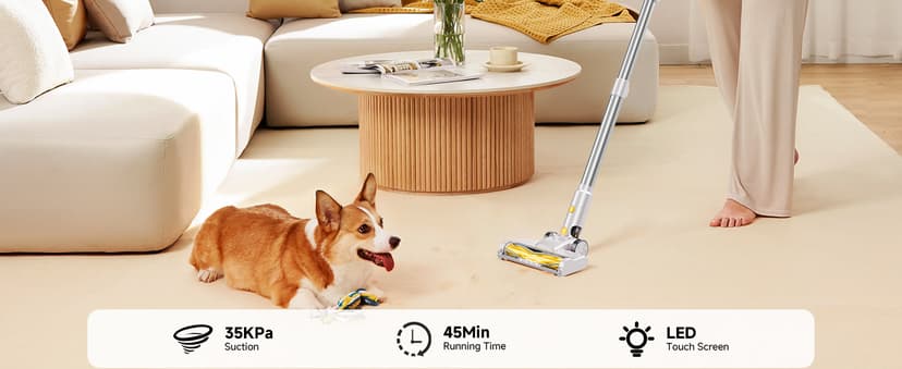 Cordless Vacuum Cleaner, 35Kpa Vacuum Cleaner for Home, 45Mins Stick Vacuum with LED Display, Anti-Tangle & Wall Mount Charging, 6 in 1 Lightweight Vacuum for Hard Floors, Carpet, Pet Hair (yellow)