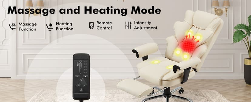 HOMREST 6-Point Massage Executive Chair,Heat Office Chair,Ergonomic Home Office Desk Chairs with Retractable Footrest and Reclining Function,Leather Computer Chair with Adjustable Armrest(Off White)