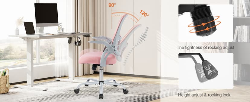 Sweetcrispy Home Office Computer Desk Chair, Ergonomic Mid-Back Mesh Rolling Work Swivel Task Chairs with Wheels, Comfortable Lumbar Support, Comfy Flip-up Arms for Bedroom, Study, Student, Pink
