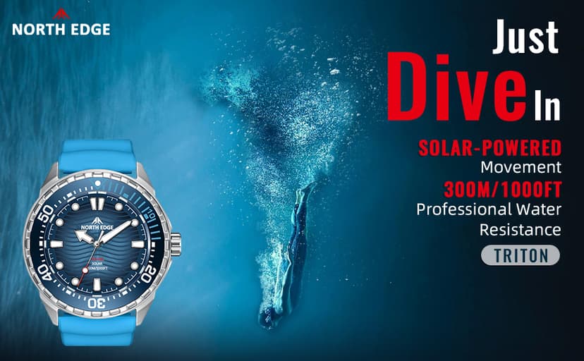NORTH EDGE Solar Powered Dive Watch Women Men’s Watch, 1000FT/300M Water Resistance, Luminous Dial, Silicone Strap