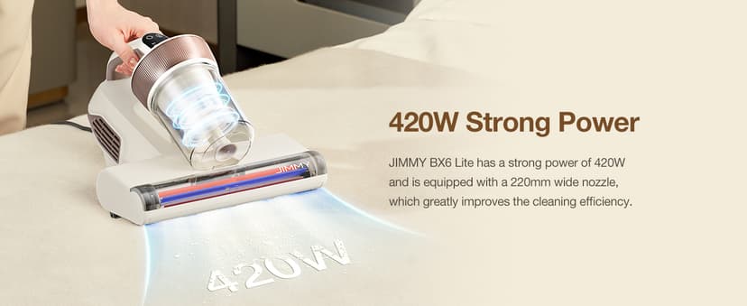 Jimmy Mattress Vacuum Cleaner, Bed Vacuum with UV & Ultrasound, High Heating, Smart Dust Sensor, 15Kpa Powerful Suction, Lightweight, Deep Clean Dust and Pet Hair in One Go(BX6 Lite, Corded)