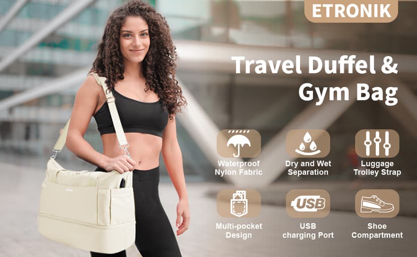 ETRONIK Gym Bag for Women, Personal Item Travel Bag with Shoes Compartment, Weekender Overnight Duffel Bag with Wet Pocket & USB Charging Port, Carry On Bag for Women, Travel, Gym, Weekend (Beige)