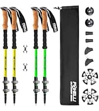 Foxelli Trekking Poles – Lightweight Collapsible Aircraft Grade Aluminum Hiking Poles with Cork Grips Quick Locks & All-Terrain Accessories – Pair of 2