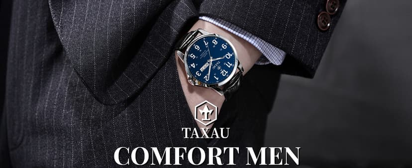 Taxau Men's Watches Leather Band Stainless Steel Quartz Analog Watch Luxury Waterproof Watches for Men Dress Men's Wrist Watch with Day Date Arabic Numeral Relojes para Hombre