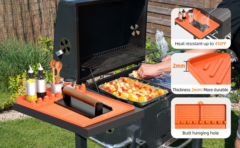 Silicone Grill Mat Compatible with Blackstone, BBQ Griddle Tools Mat with Drip Pad, Spatula Mat for Outdoor Kitchen Counter, Gifts for Men (Orange)