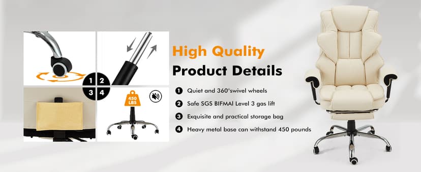 HOMREST 6-Point Massage Executive Chair,Heat Office Chair,Ergonomic Home Office Desk Chairs with Retractable Footrest and Reclining Function,Leather Computer Chair with Adjustable Armrest(Off White)