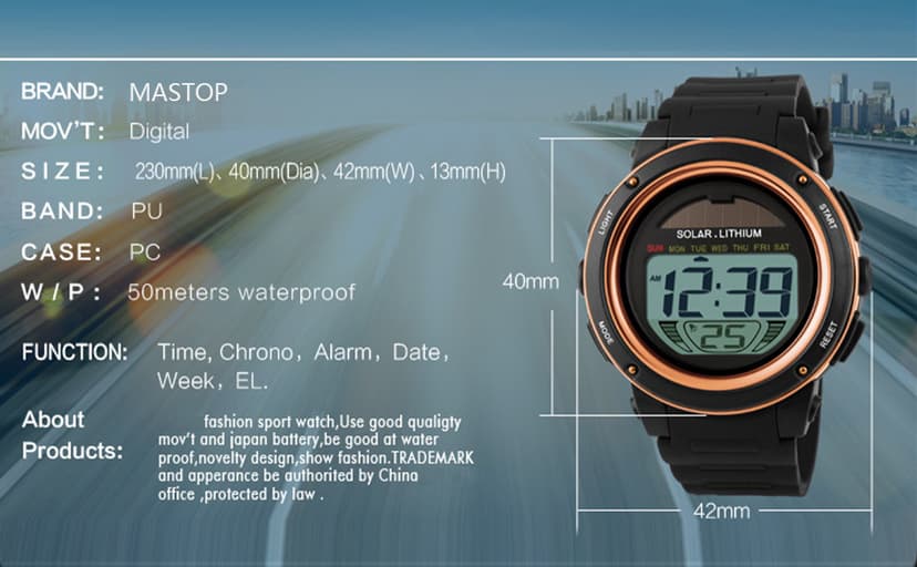 MASTOP Solar Watch Neutral LED Digital Watch Military Waterproof Sports Watch Black