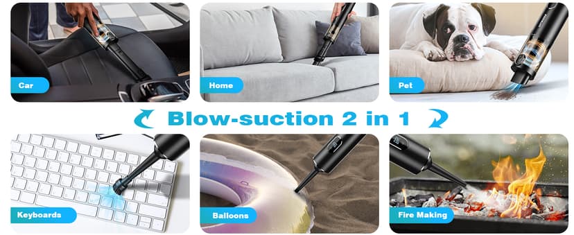 Upbooz Handheld Vacuum Cordless, Car Vacuum with 14000PA Powerful Suction with LED Light, Air Duster 2-in-1,Low Noise Rechargeable Portable Mini Vacuum Cleaner for Car Home Pet Office,Two Gears Black