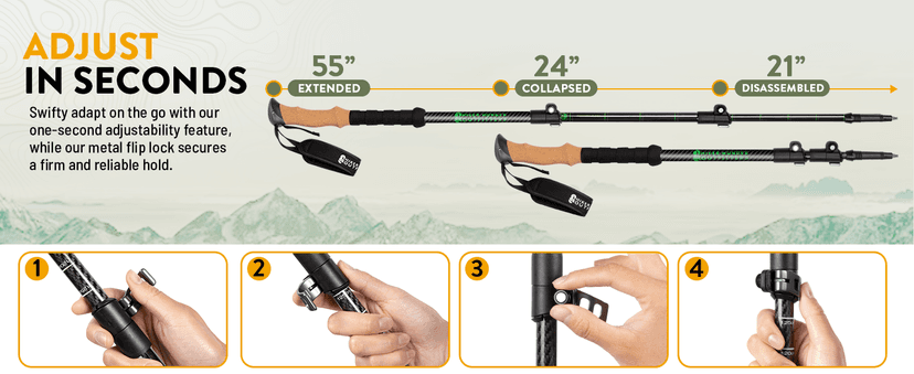 100% Carbon Fiber Trekking Poles by USA Brand - Ultra Strong Lightweight Collapsible Hiking Poles with Cork and EVA Foam Grips & Quick Adjustable Flip Locks