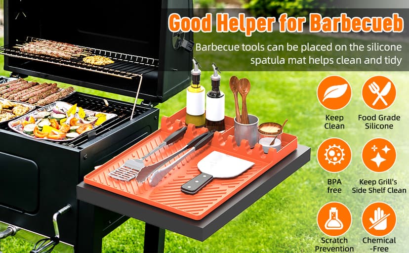 Silicone Grill Mat Compatible with Blackstone, BBQ Griddle Tools Mat with Drip Pad, Spatula Mat for Outdoor Kitchen Counter, Gifts for Men (Orange)